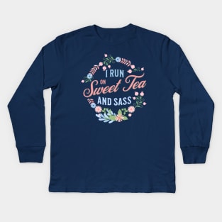 "Southern Charm Tee - "I Run on Sweet Tea and Sass"" with Floral Wreath Design " Kids Long Sleeve T-Shirt